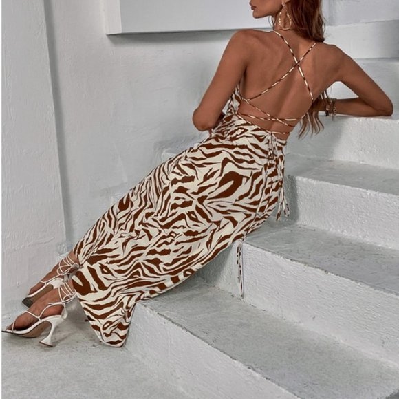 zebra print backless lace up cami maxi dress - Picture 5 of 6